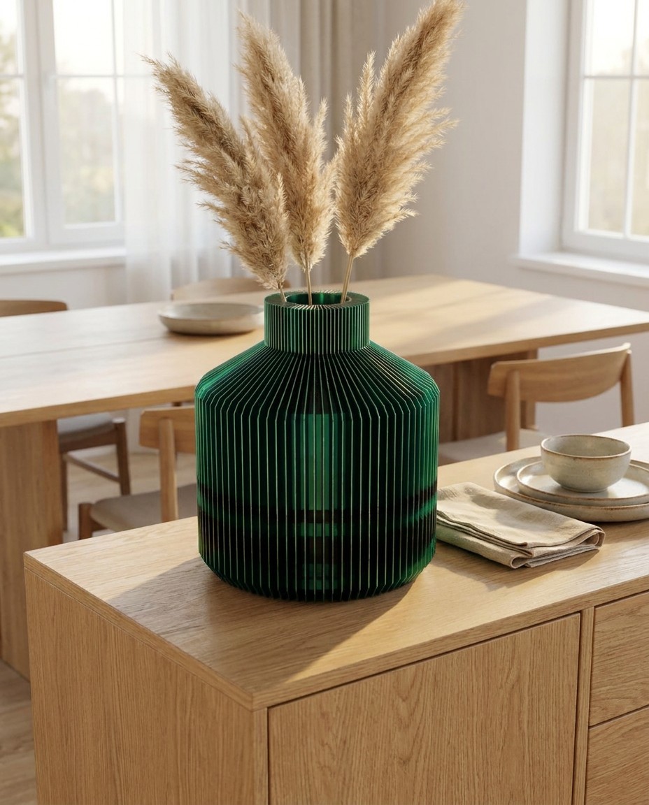 Vaso LUMA Basso verde e nero con pampas su credenza in rovere