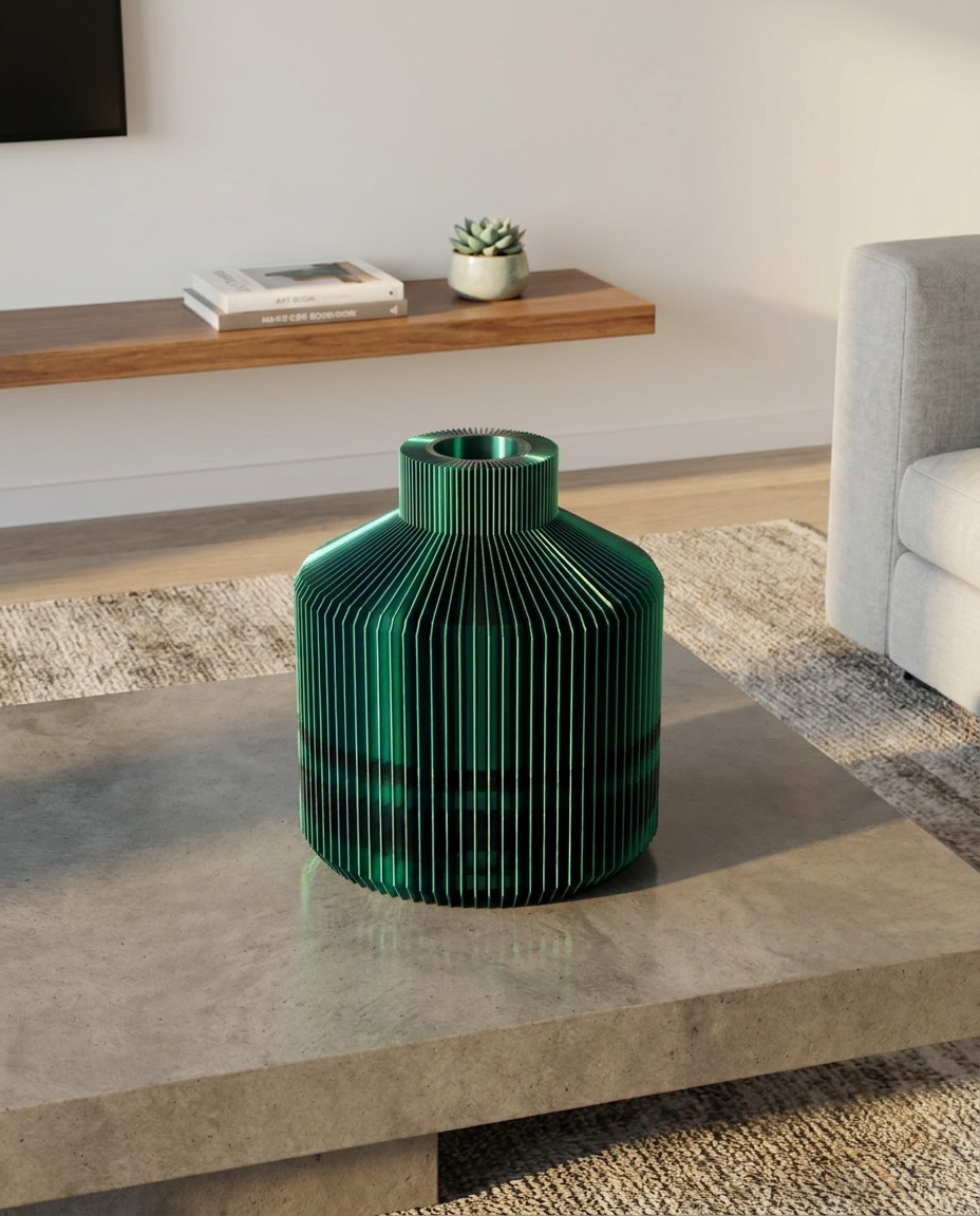 Vaso LUMA Basso bicolore verde e nero stampato in 3D su tavolino in cemento